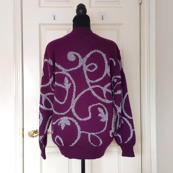 Purple with Silver Knit Design Cardigan Sweater. - Picture 2 of 5